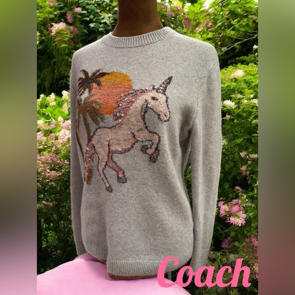 Coach Uni Intarsia Gray Wool & Cashmere Blend Crew Neck Sweater with Unicorn EUC